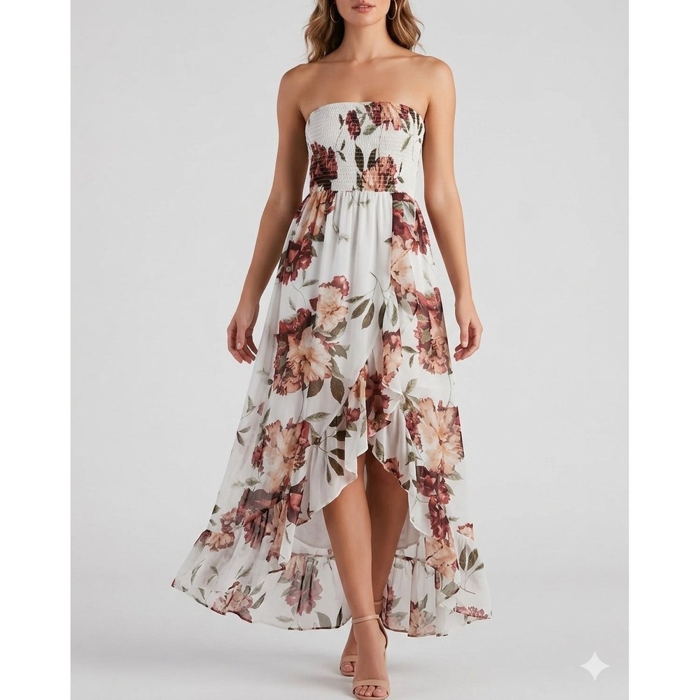 Venus Floral High-Low Maxi Dress Sz Med Smocked Strapless Boho Ruffle Hem Vaca